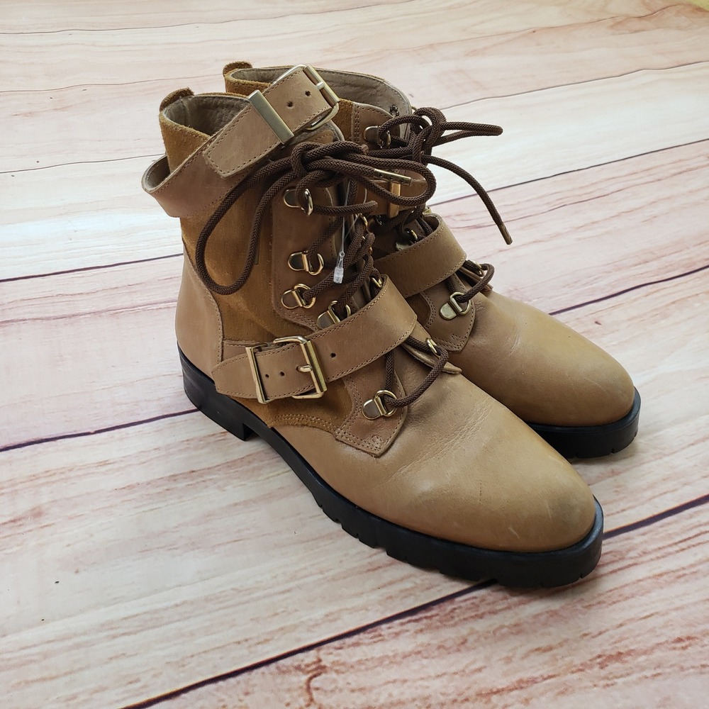 Free People Boots Womens 37 Tan Leather Suede Lace Up Buckle Ankle Combat Bootie